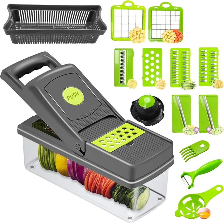 Răzătoare multifuncțională 16 în 1 pentru legume și fructe, lame din inox, accesorii incluse