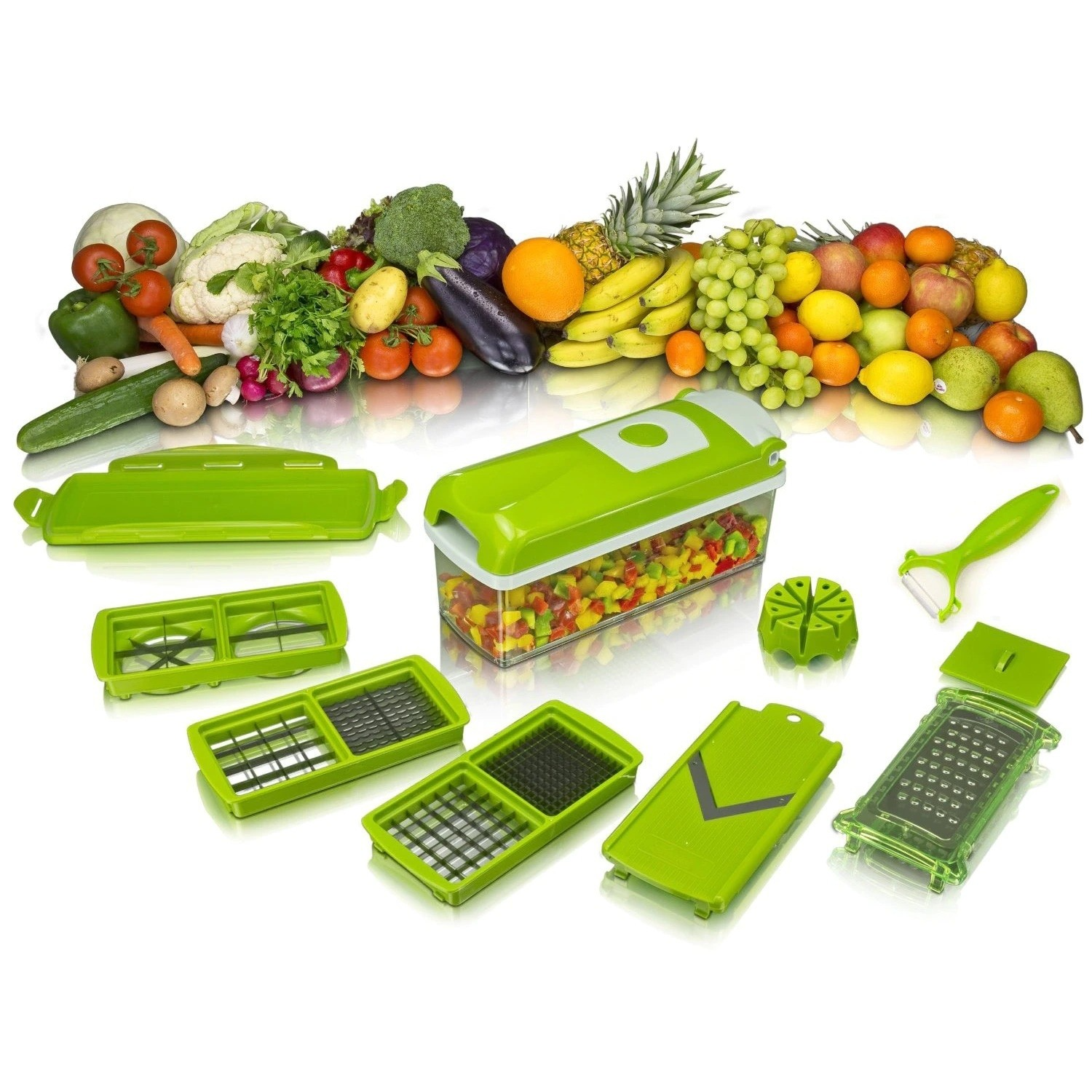 Răzătoare multifuncțională 9 piese pentru legume și fructe, cu recipiente și lame interschimbabile