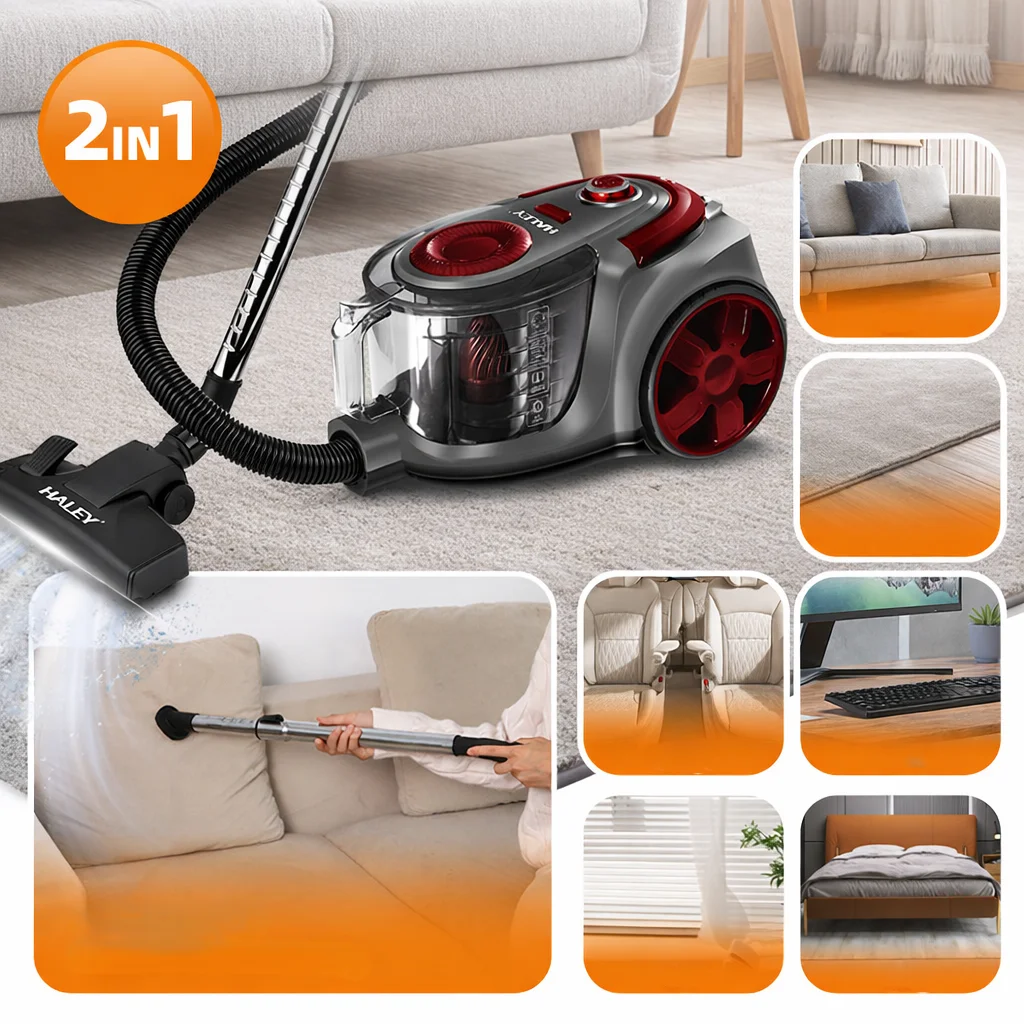 Aspirator fara sac HALEY HY-9907, 1200W, recipient 2L, sistem ciclonic, putere mare aspirare, rosu/gri, Garantie 3 Ani