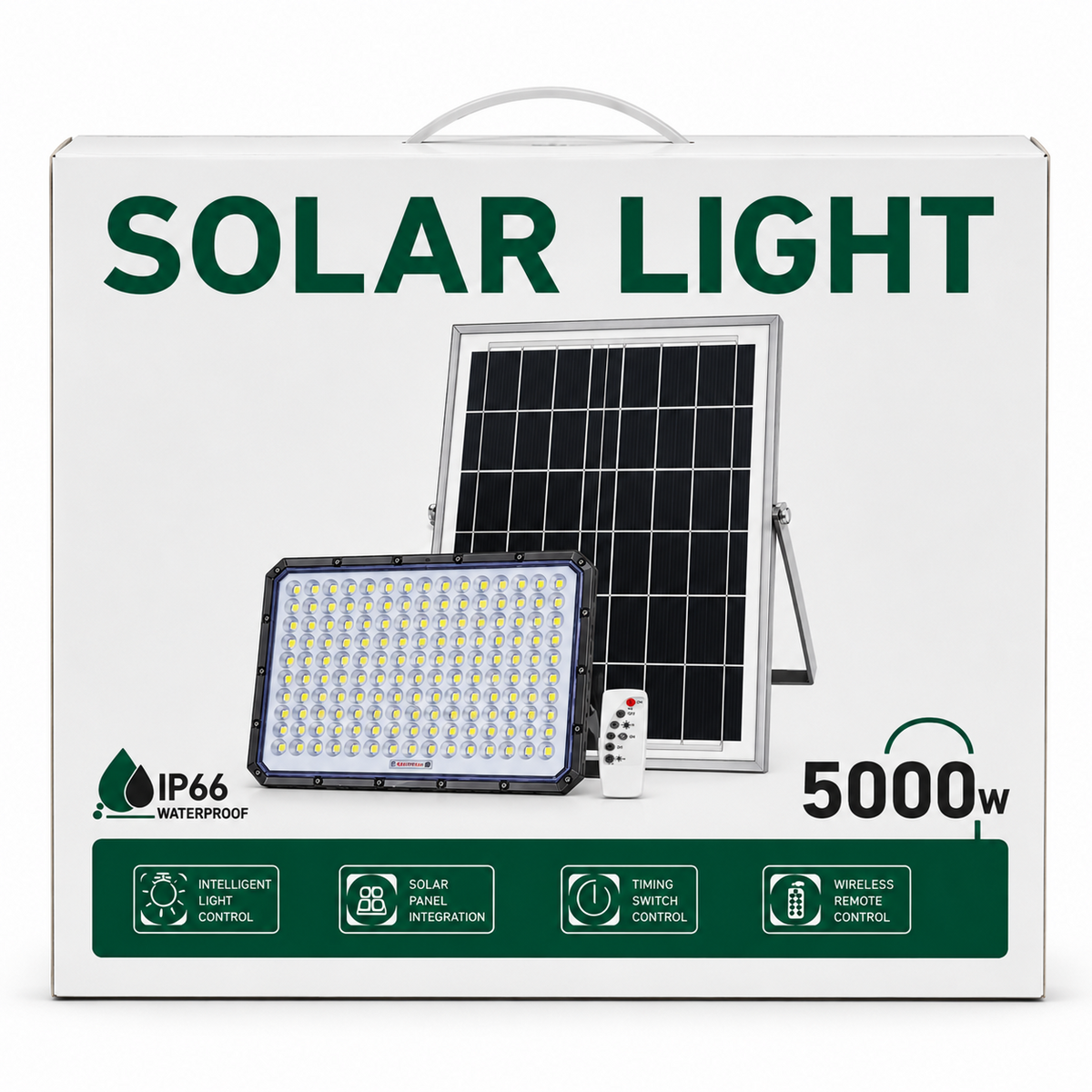 Lampă Solară LED 5000W cu Panou Solar și Telecomandă | IP66 | Control Inteligent | Temporizare | Exterior