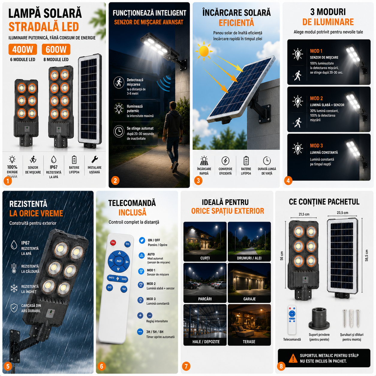Lampă Solară Stradală LED Exterior 400W / 600W, Senzor de Mișcare, Telecomandă, IP67, Panou Solar, Iluminare Automată pentru Curte, Grădină și Alei