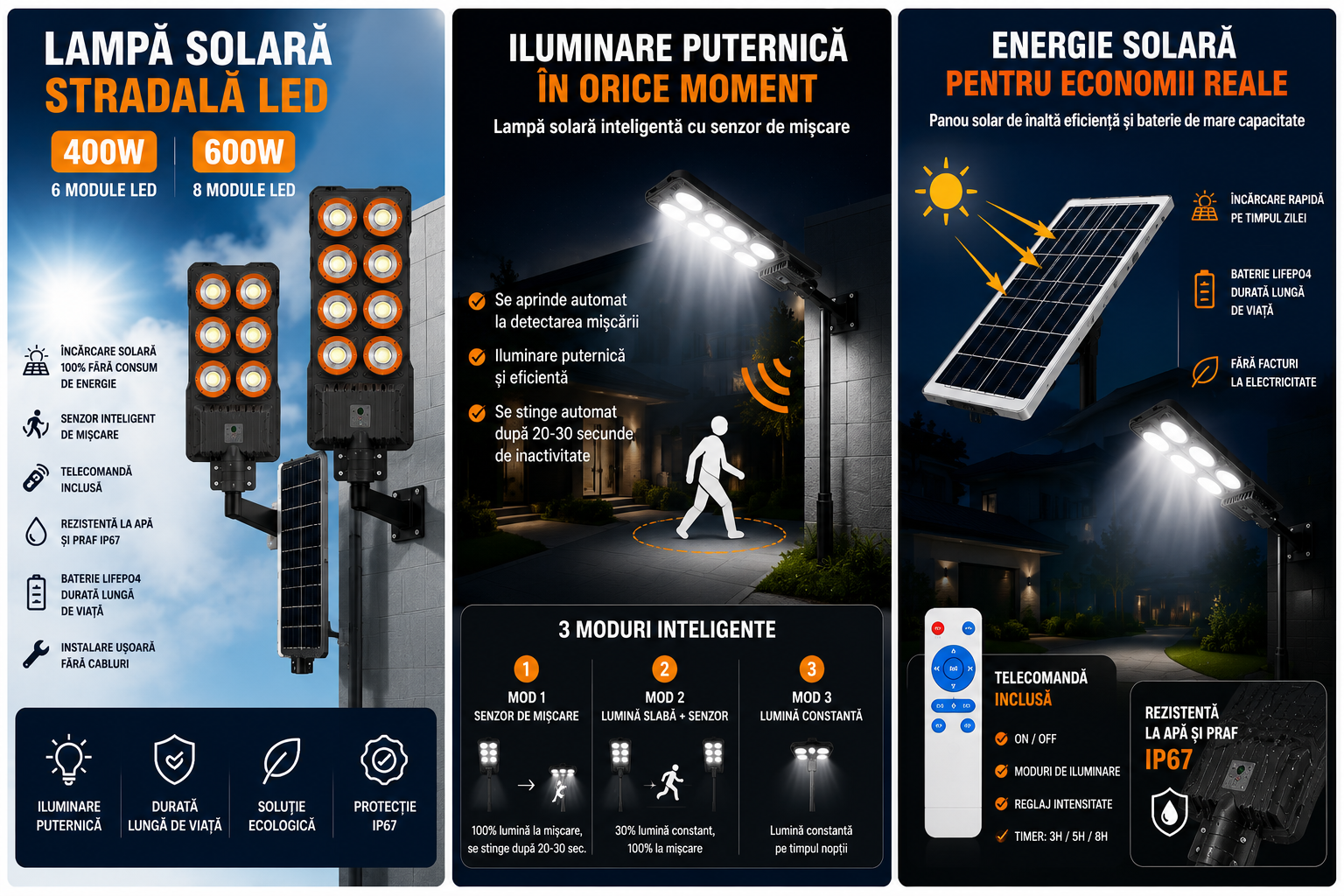 Lampă Solară Stradală LED Exterior 400W / 600W, Senzor de Mișcare, Telecomandă, IP67, Panou Solar, Iluminare Automată pentru Curte, Grădină și Alei